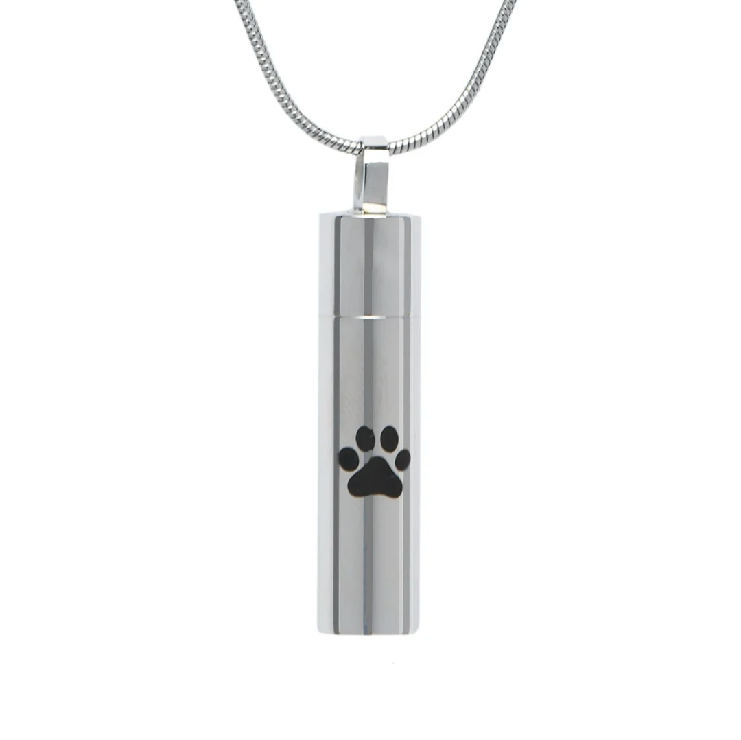 Silver Cylinder with Black Paw Print Cremains Pendant